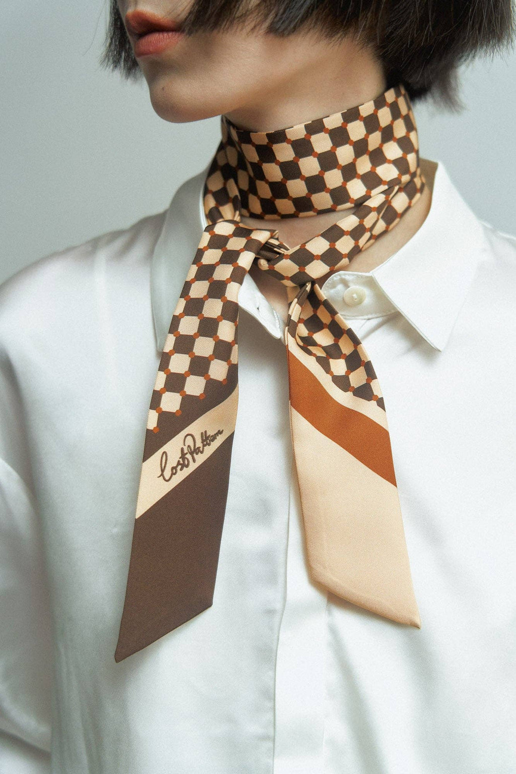Coffee Checkerboard Silk Twilly Scarf