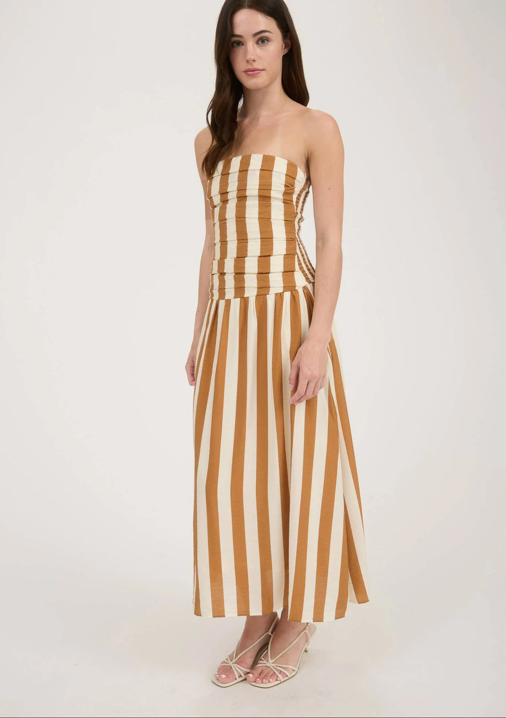 Vertical Stripe Strapless Midi Dress
