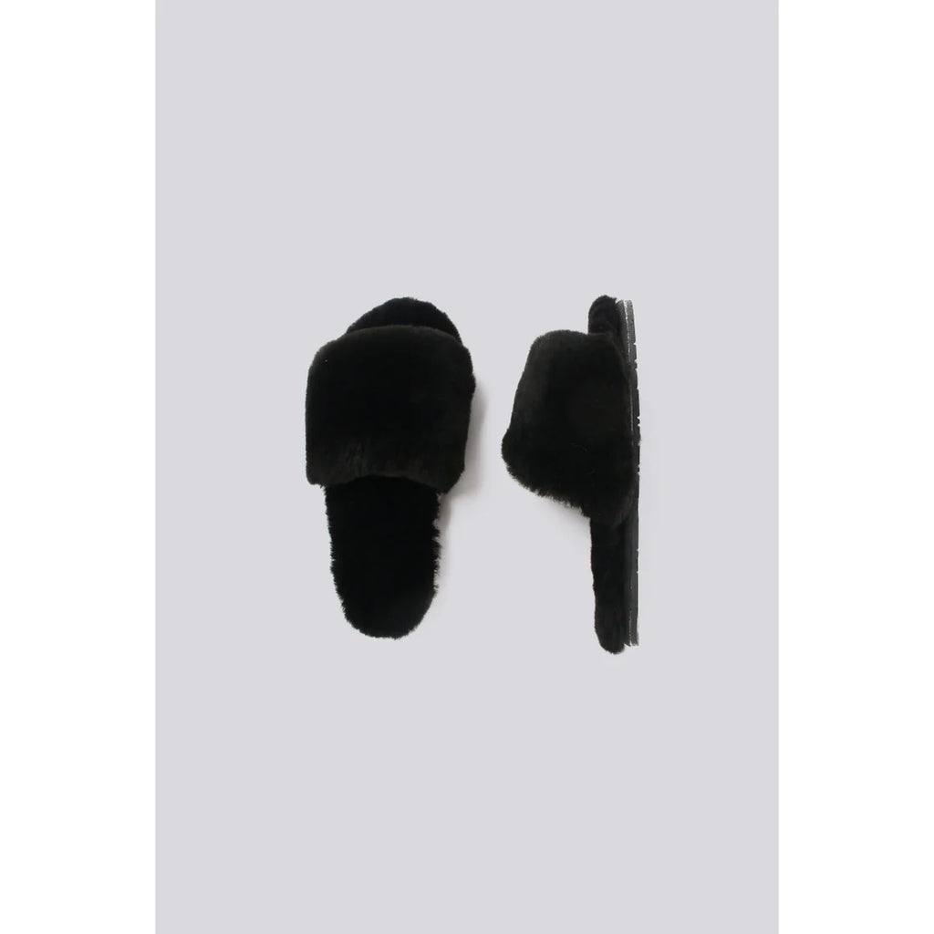 Black Sheepskin Fuzzy Slippers