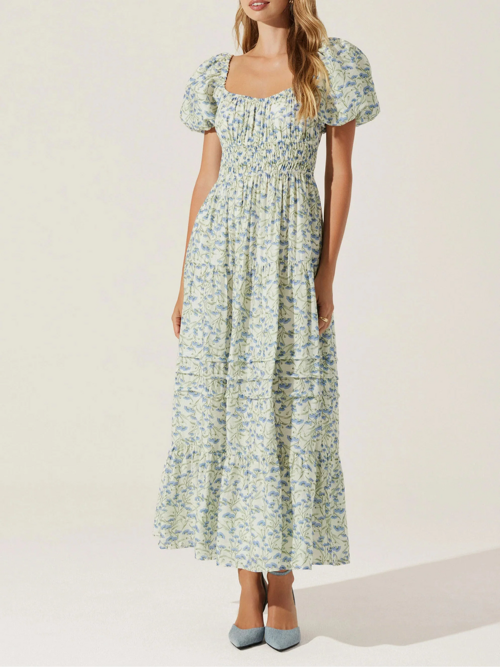 Cream Blue Floral Florentina Midi Dress