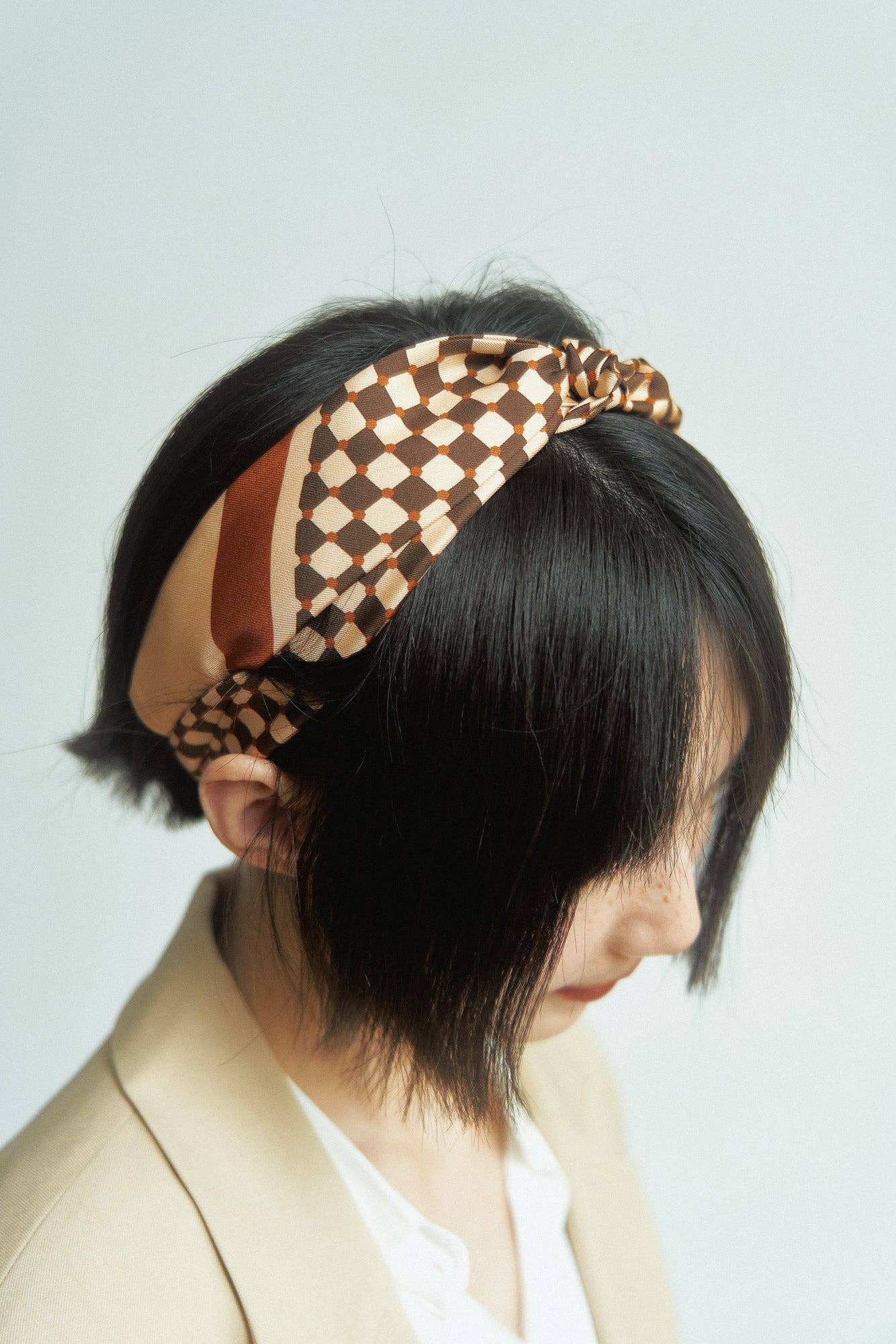 Coffee Checkerboard Silk Twilly Scarf