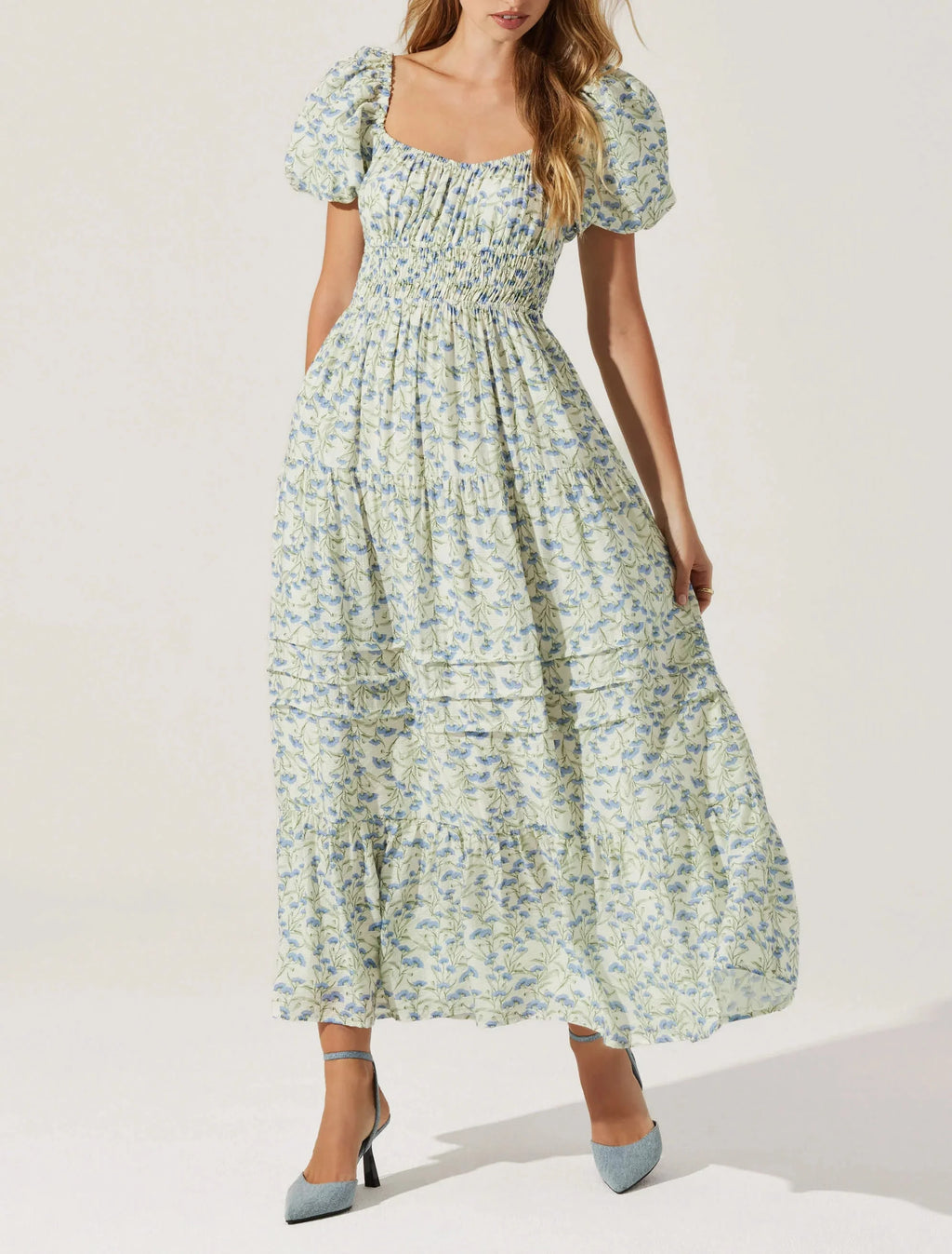 Cream Blue Floral Florentina Midi Dress