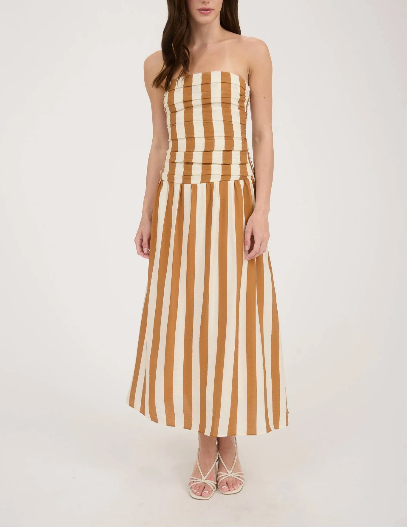 Vertical Stripe Strapless Midi Dress
