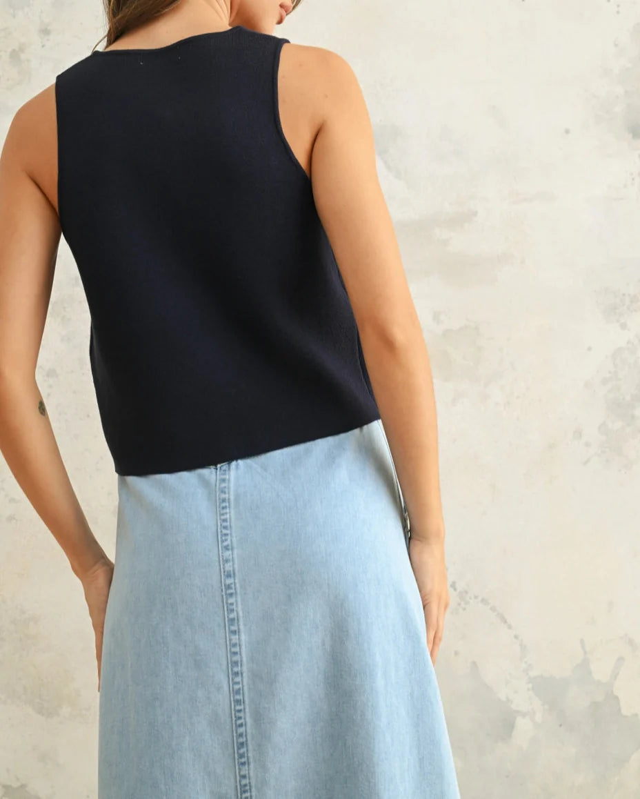 Navy Metal Button Detail Knit Vest