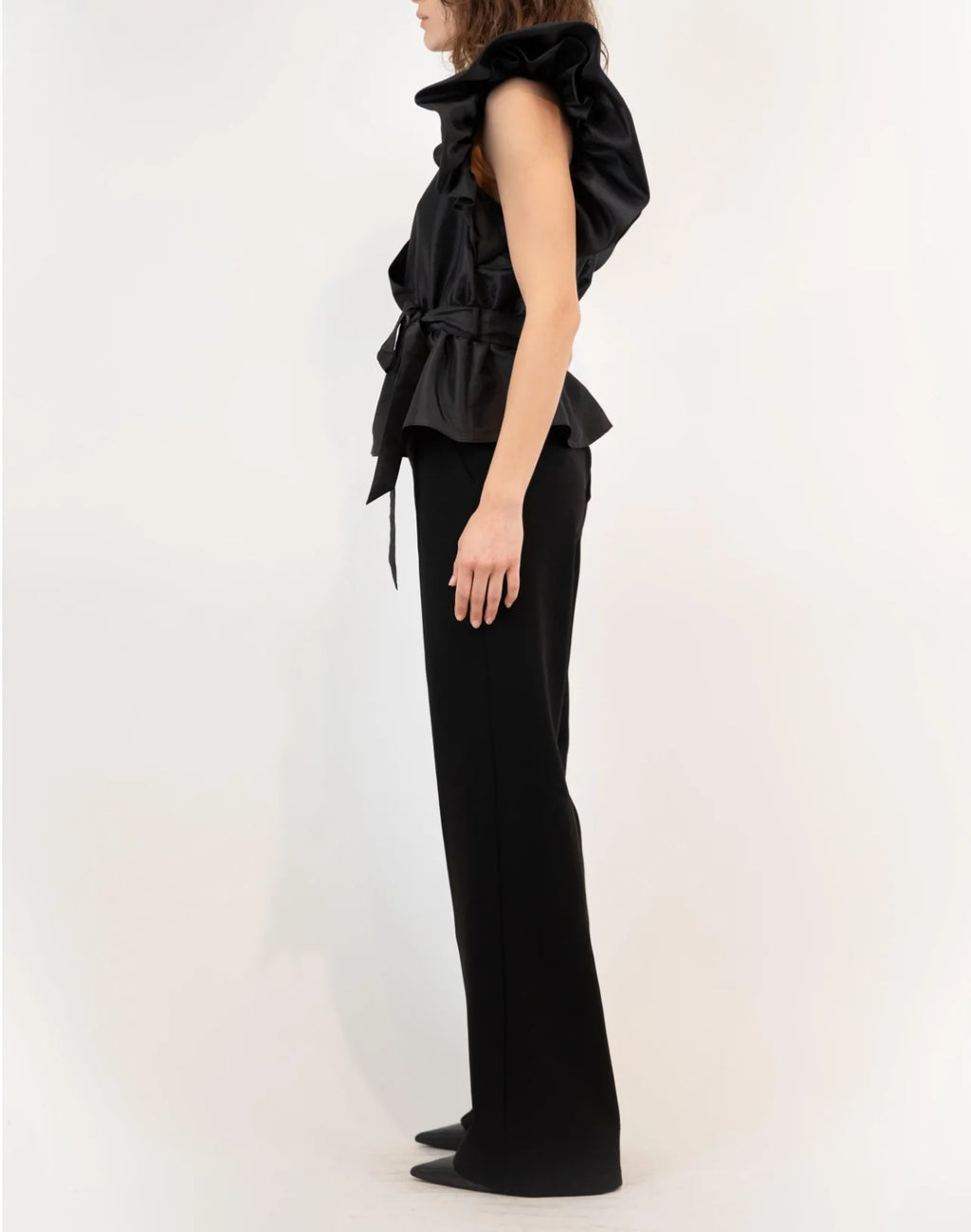 Black Adelaide Ruffle Sleeve Wrap Top