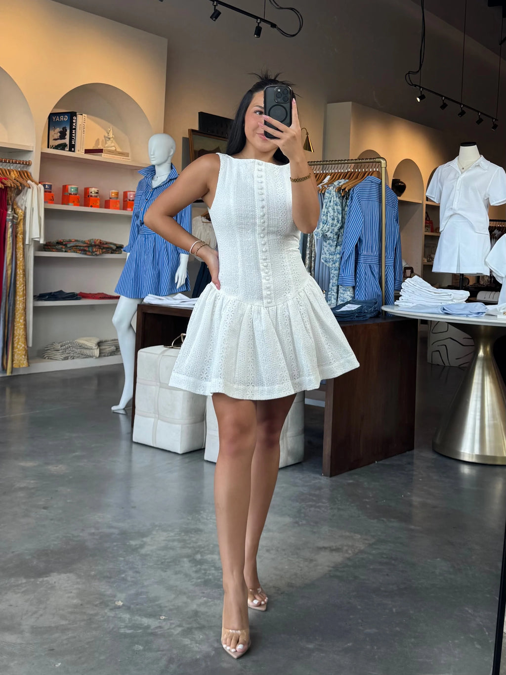 White Eyelet Lace Button Front Mini Dress