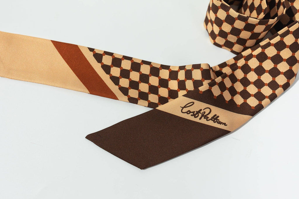 Coffee Checkerboard Silk Twilly Scarf