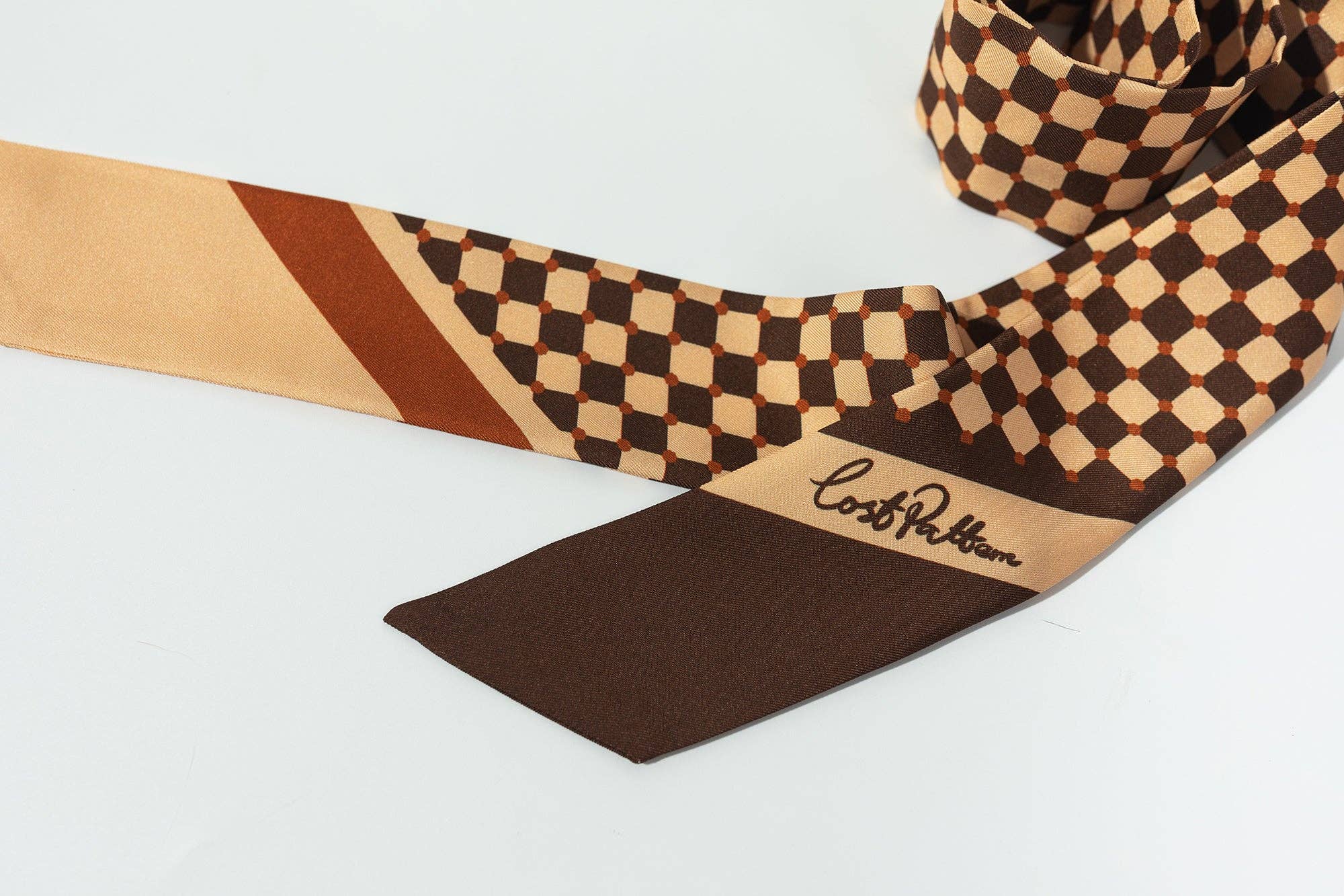 Coffee Checkerboard Silk Twilly Scarf