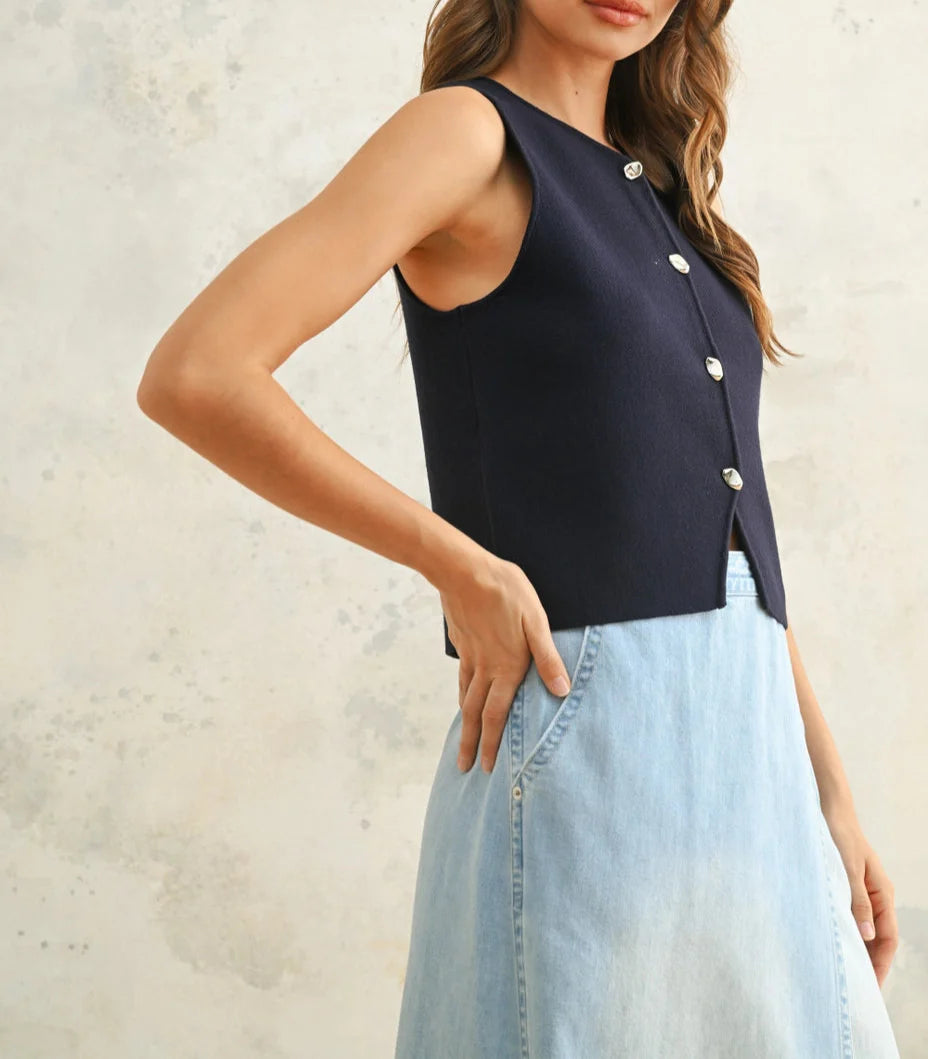 Navy Metal Button Detail Knit Vest