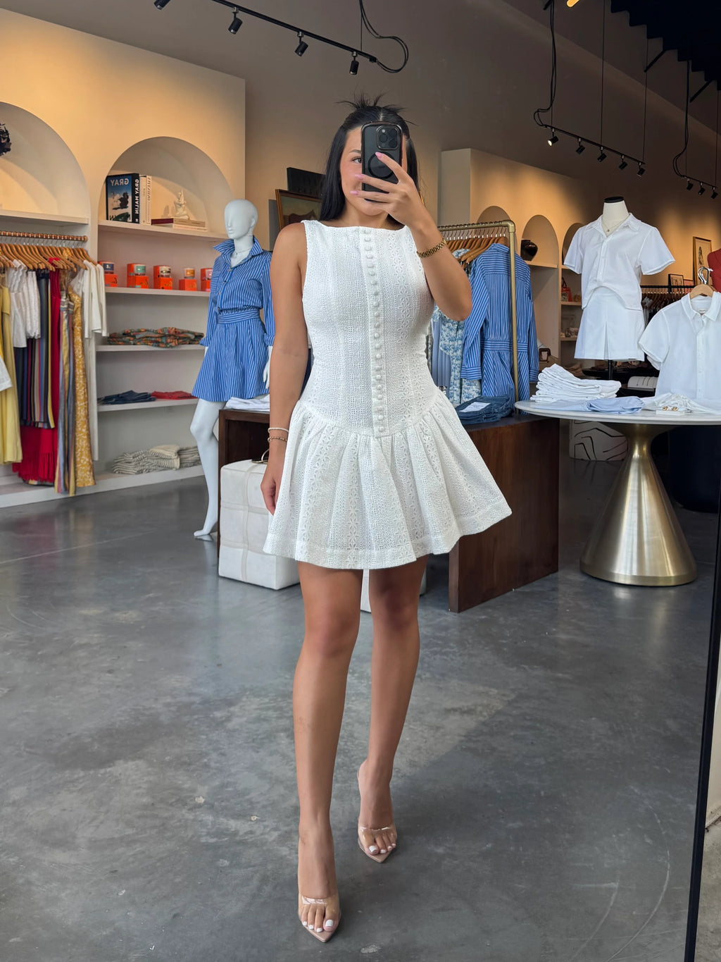 White Eyelet Lace Button Front Mini Dress