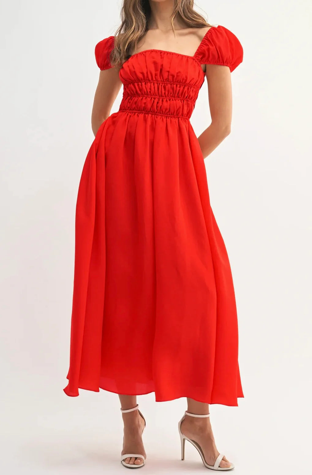 Braelynn Gathered Puff Sleeve Midi Dress