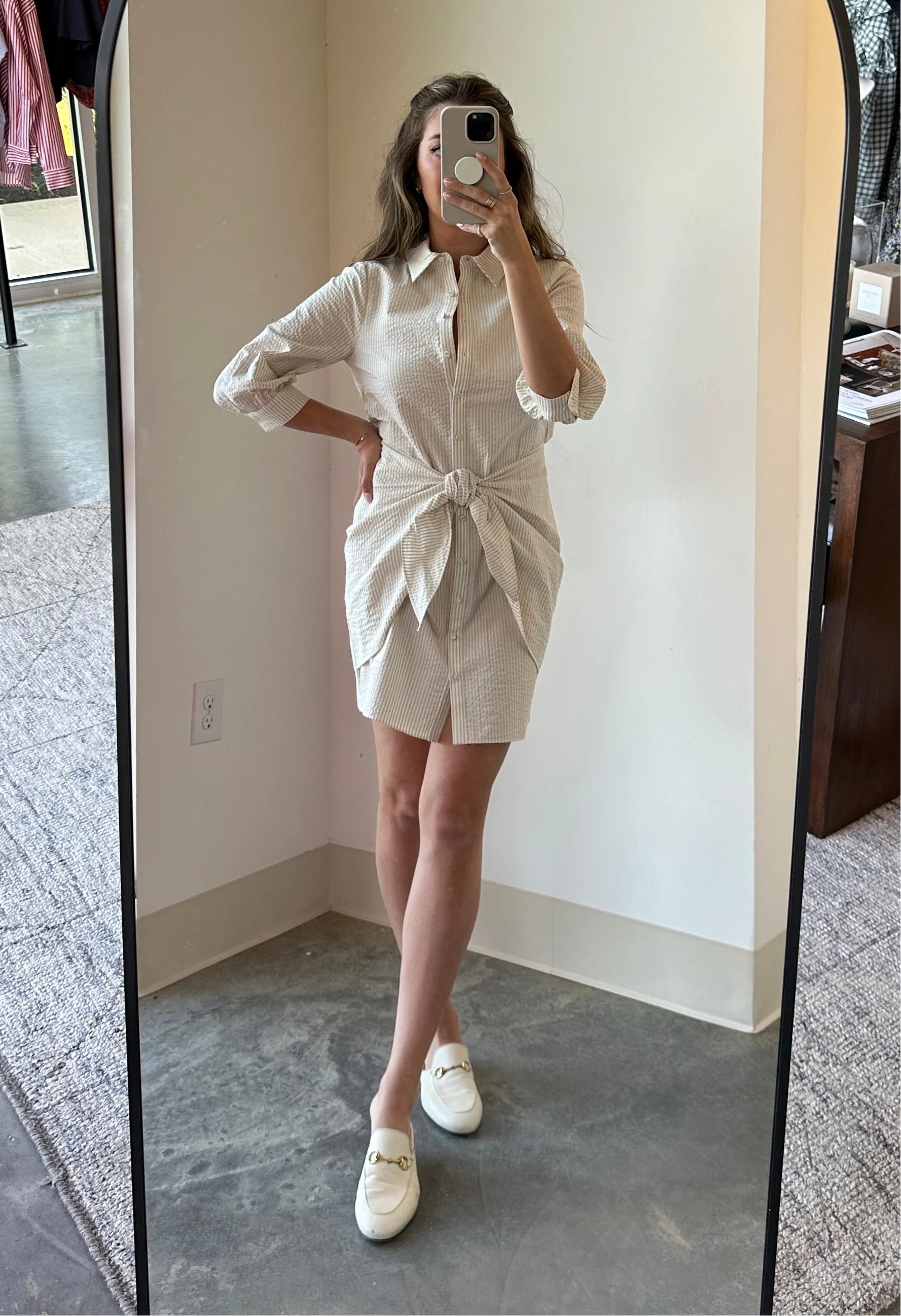 White/Plaster Striped Seersucker Dress