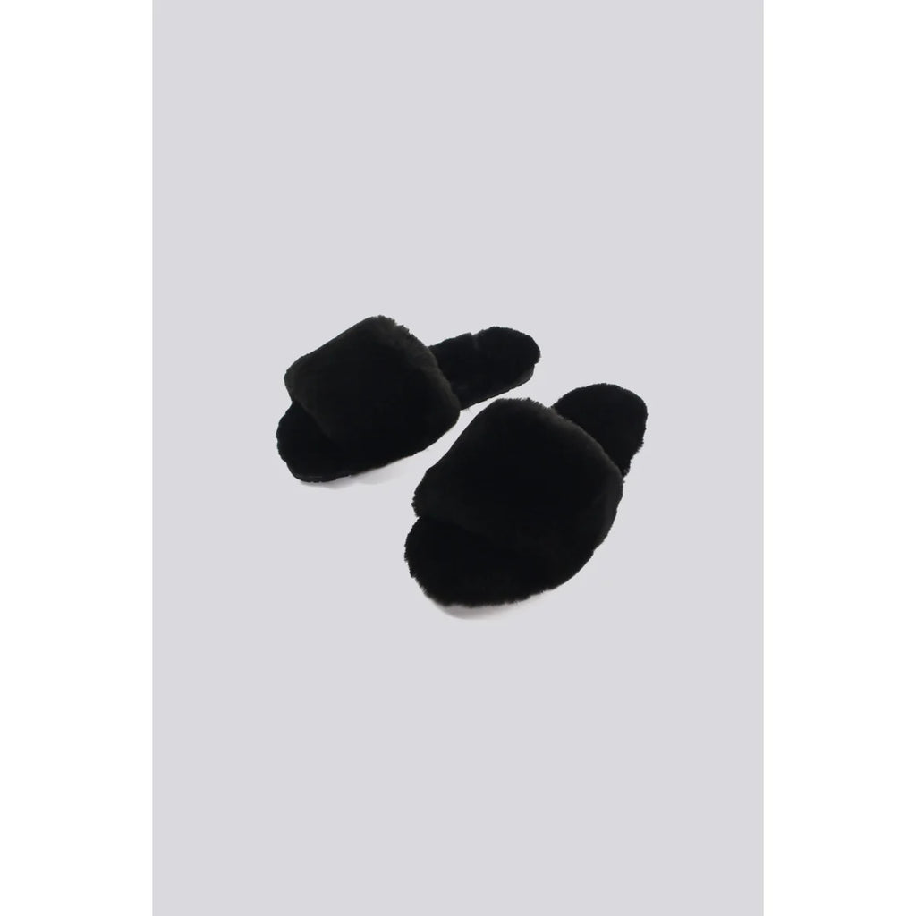 Black Sheepskin Fuzzy Slippers