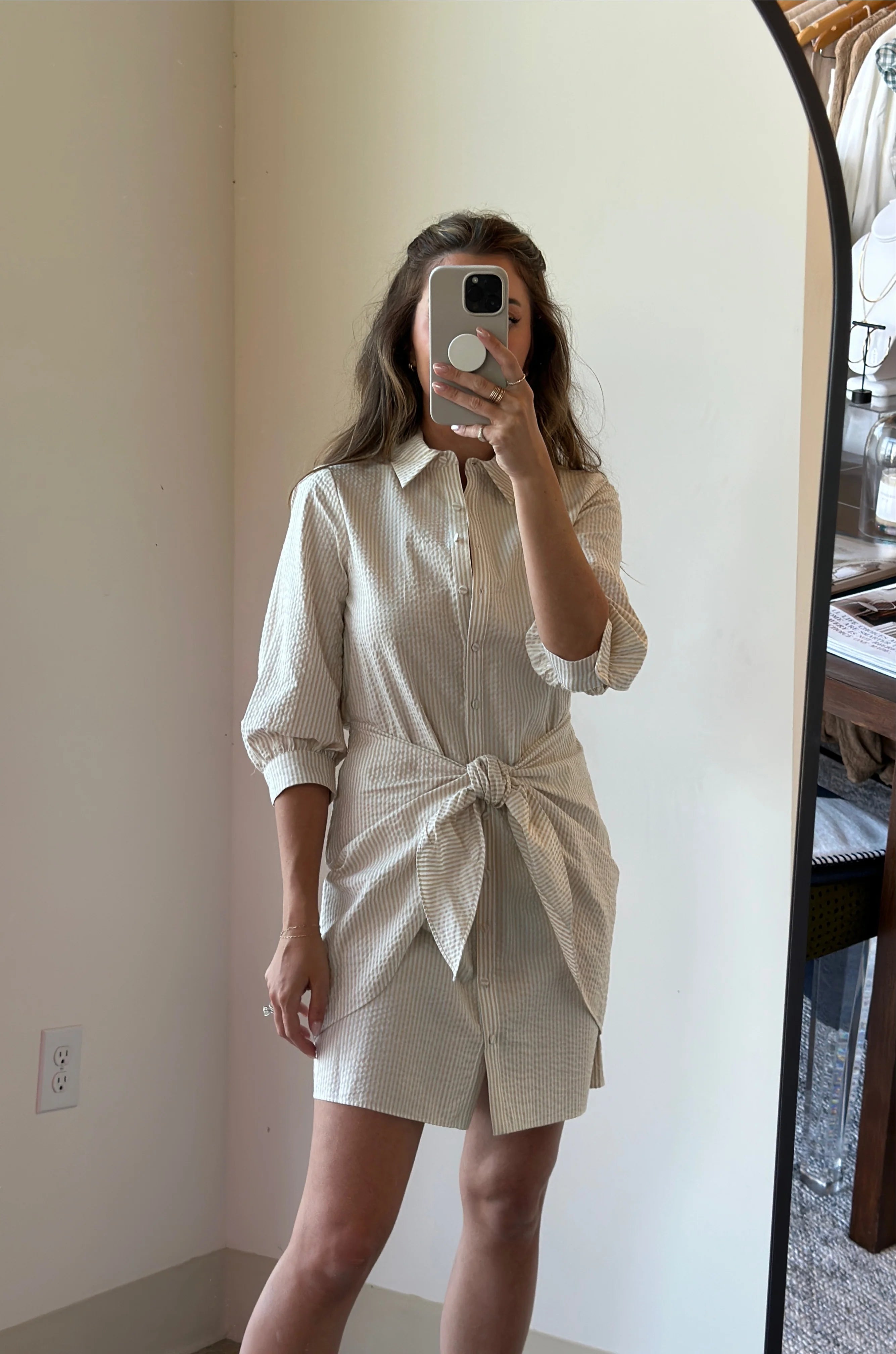 White/Plaster Striped Seersucker Dress