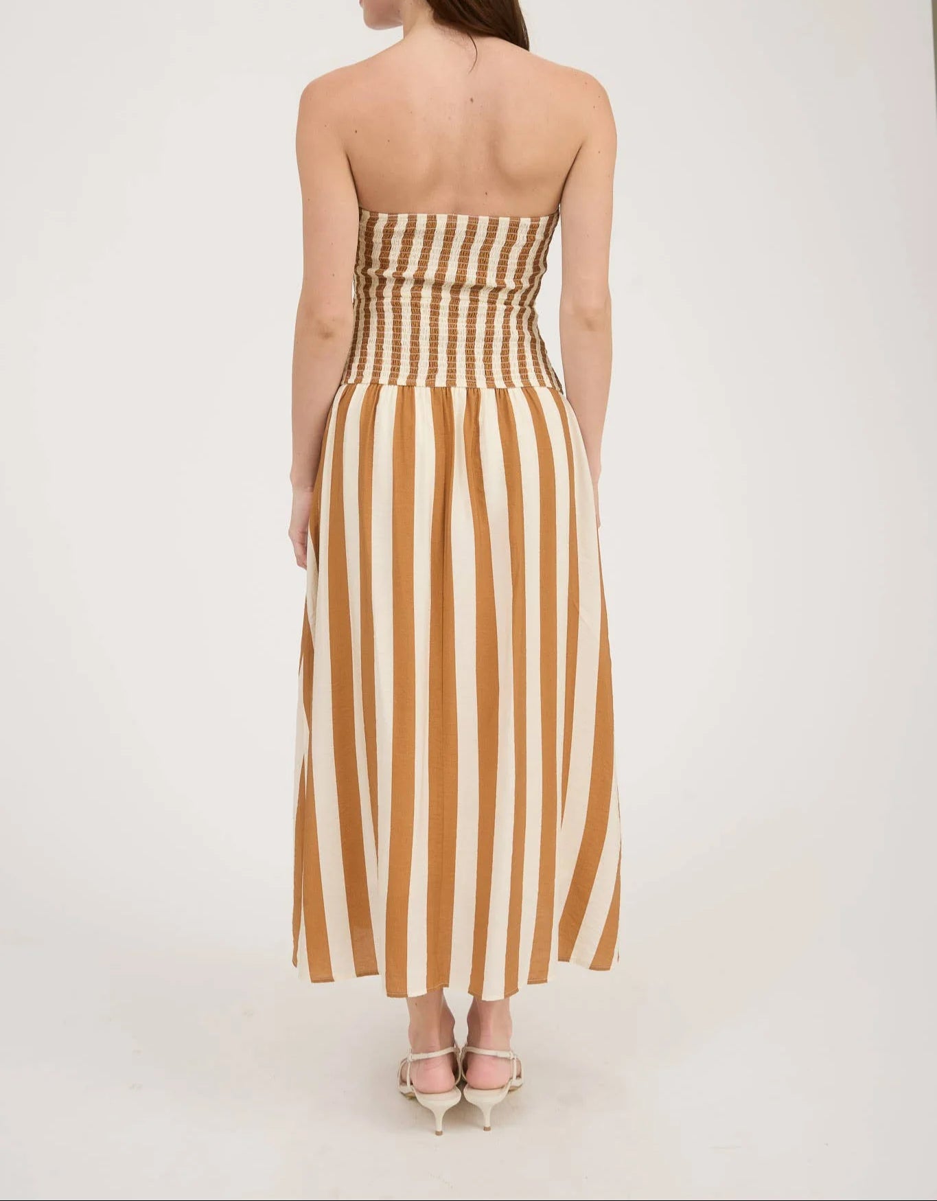 Vertical Stripe Strapless Midi Dress