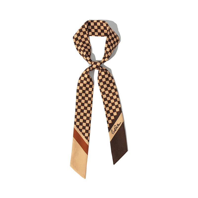 Coffee Checkerboard Silk Twilly Scarf