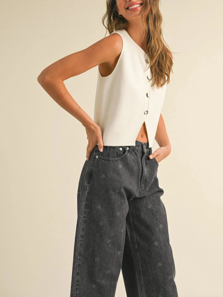 White Metal Button Detail Knit Vest
