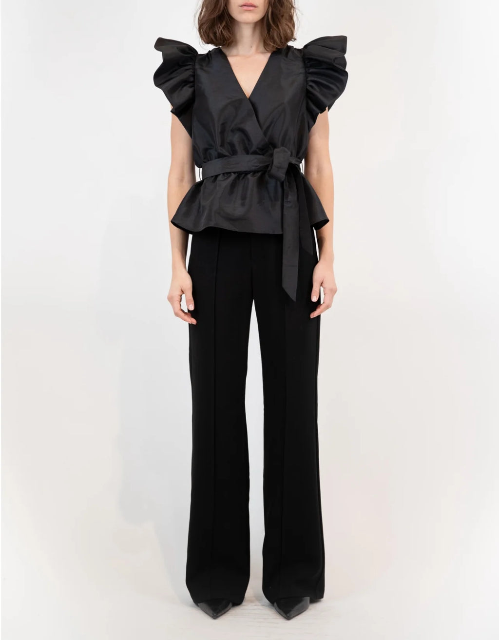 Black Adelaide Ruffle Sleeve Wrap Top