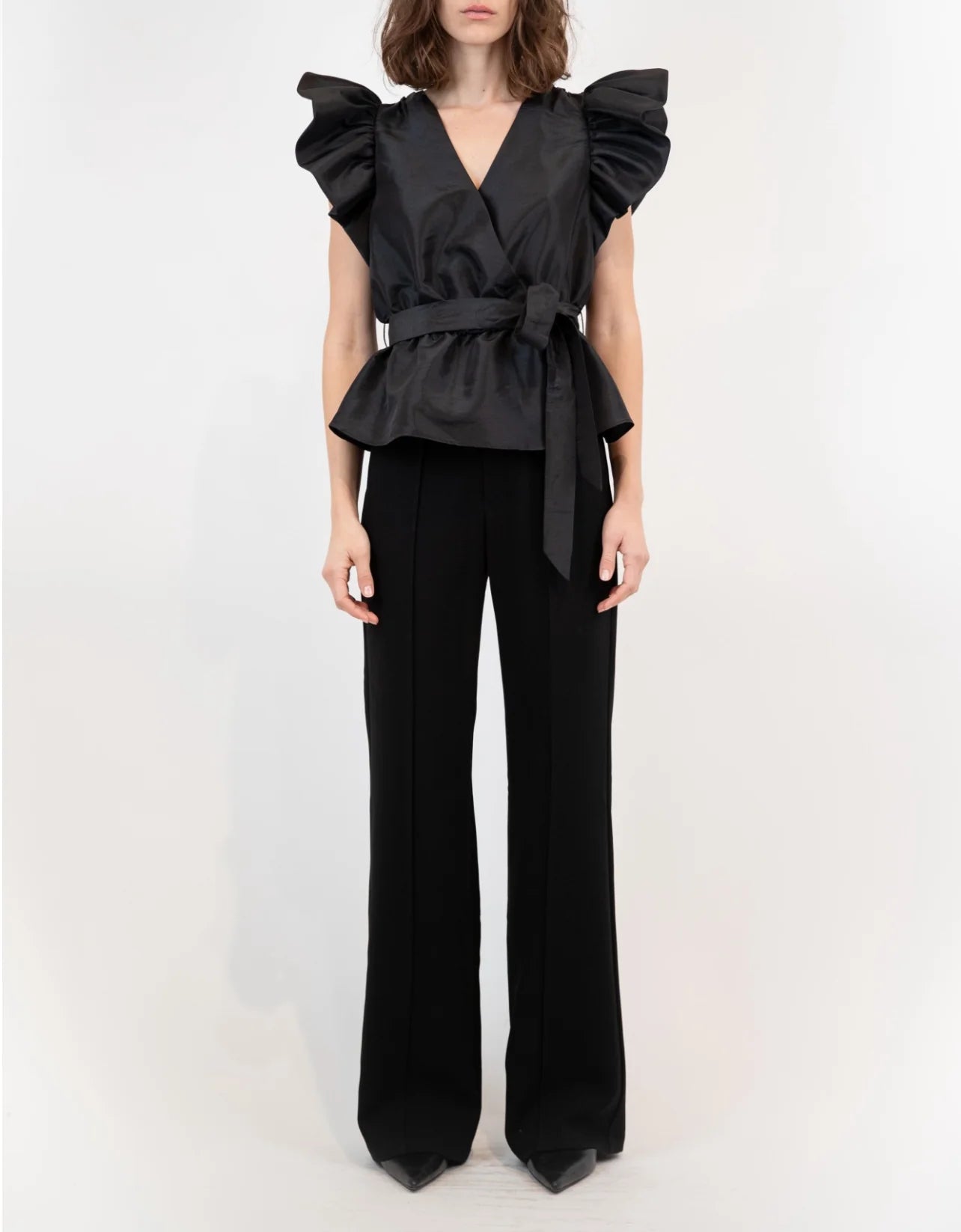 Black Adelaide Ruffle Sleeve Wrap Top