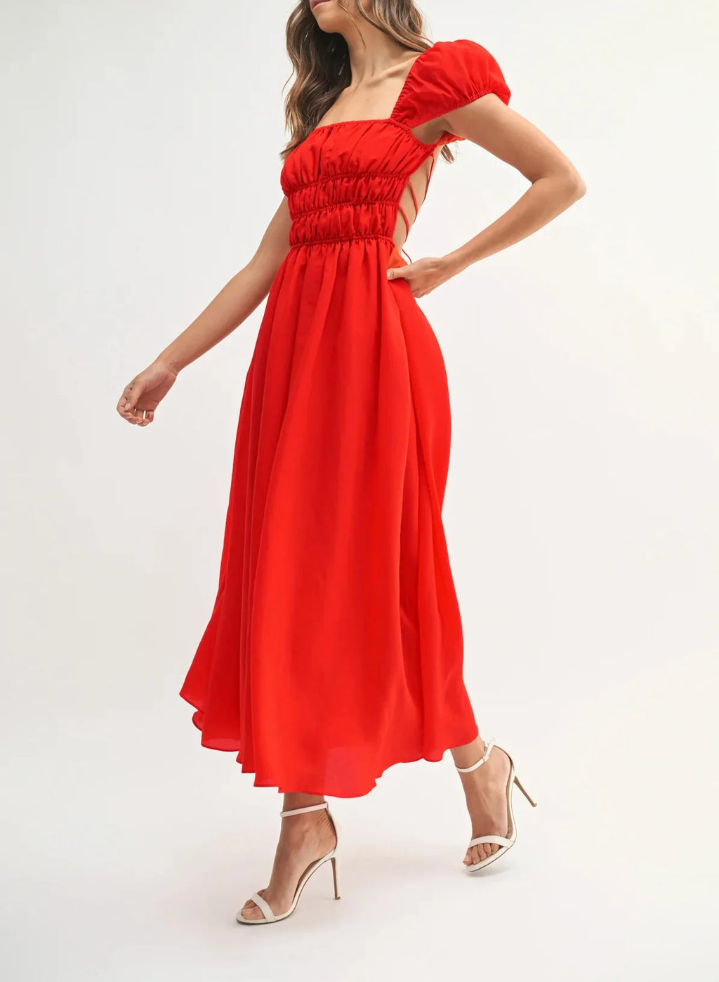 Braelynn Gathered Puff Sleeve Midi Dress