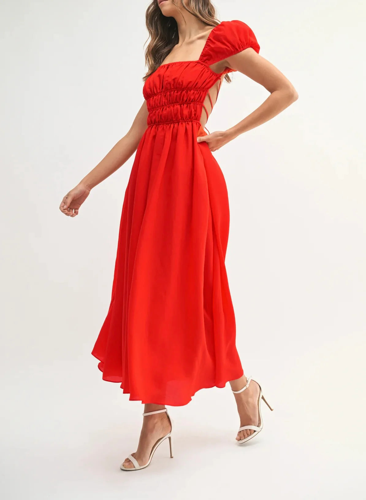 Braelynn Gathered Puff Sleeve Midi Dress